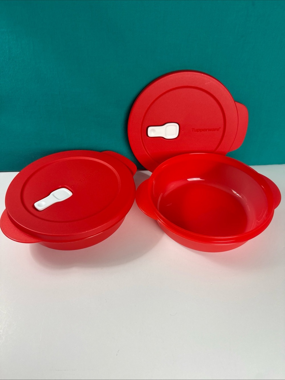 Tupperware Crystalwave Microwave Dish 850ml / 3.5 cup Container Red Set Of 2 - Picture 2 of 2
